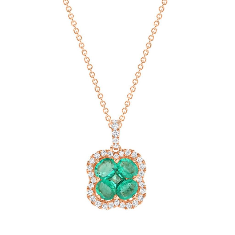 0.78 CT Emerald 0.26 CT Diamond 18K Rose Gold Four Leaf Flower Pendant Necklace